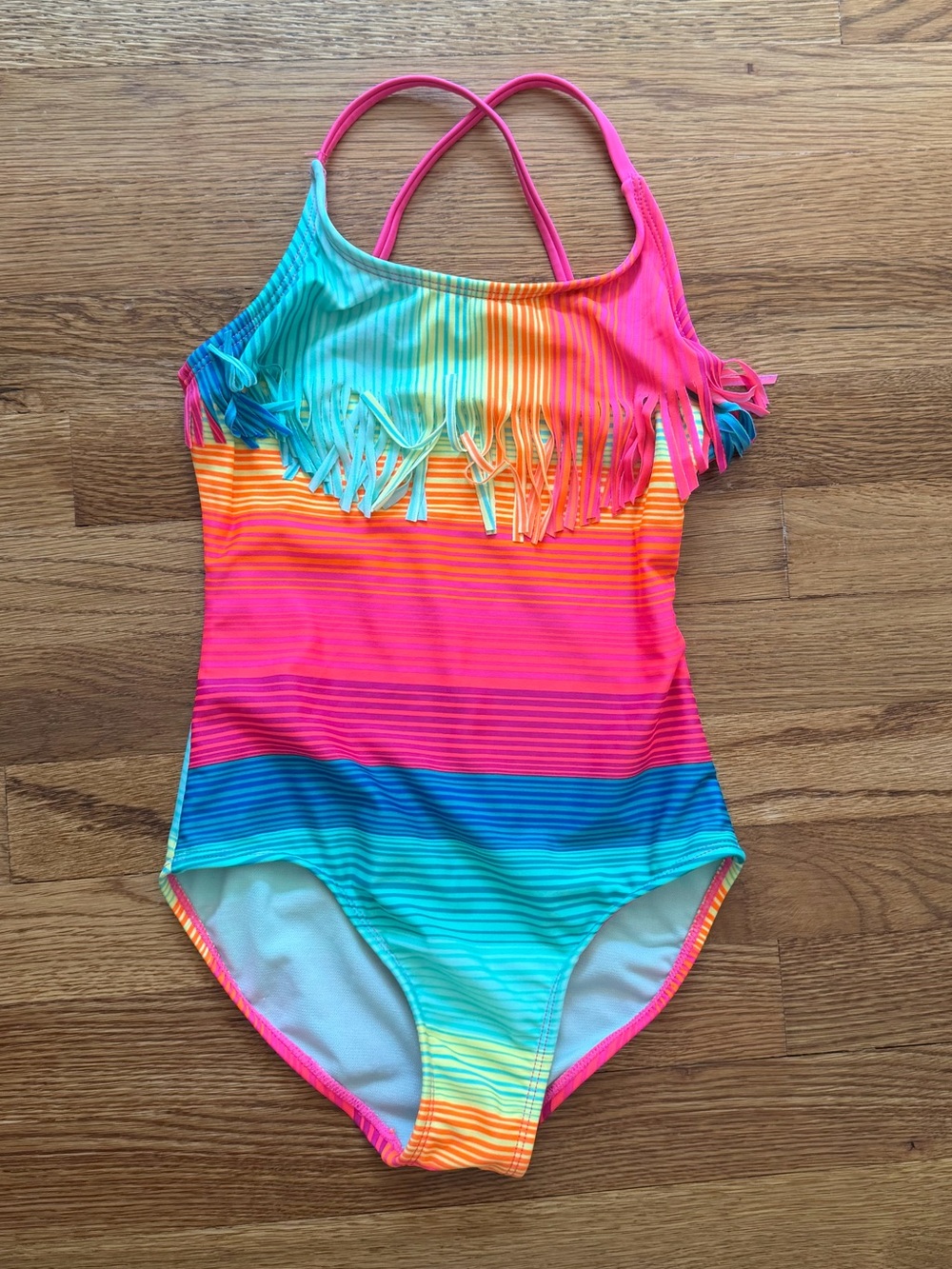 Cat & Jack Pink Orange Yellow Rainbow Fringe One-Piece Swimsuit, 7/8